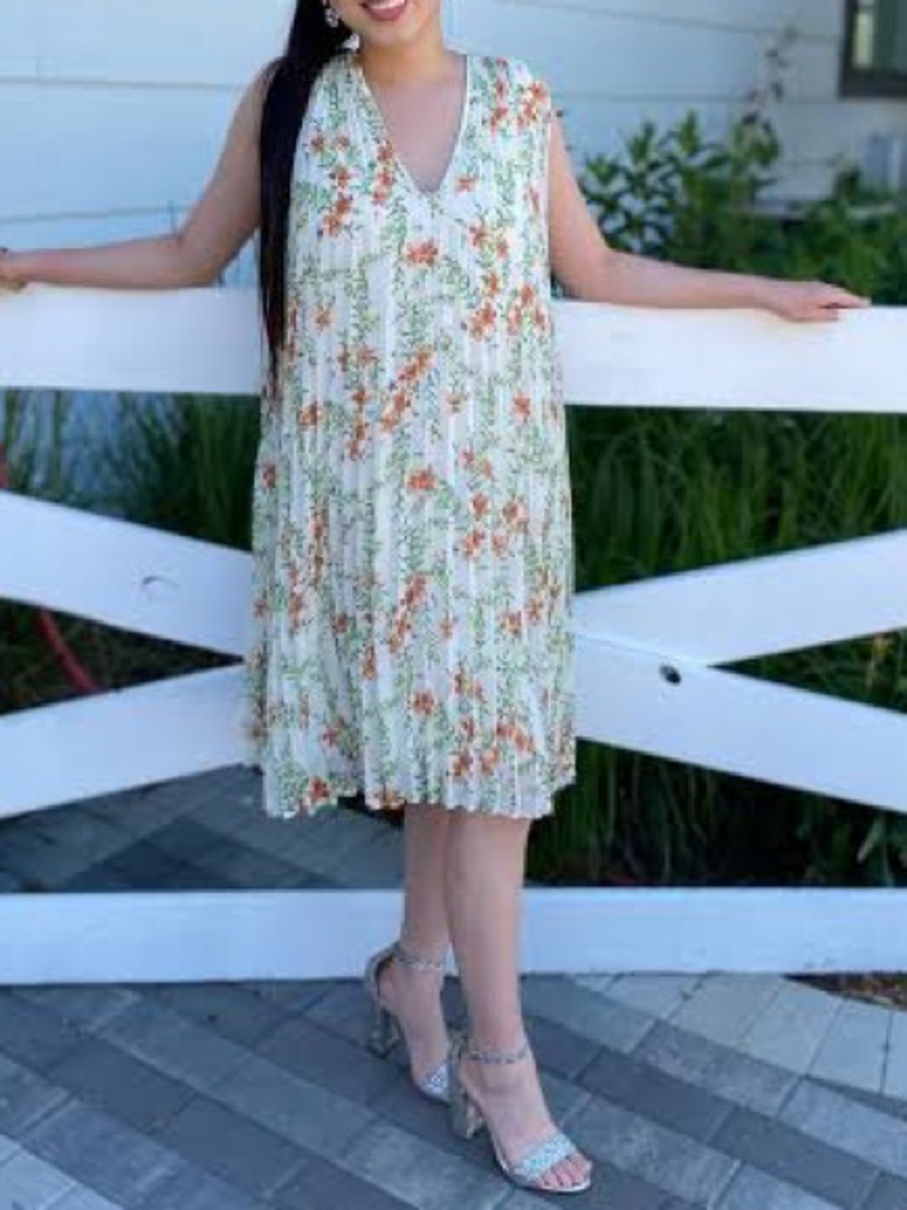 Max Studio Cream Floral V-Neck Midi Dress with Orange and Green Print